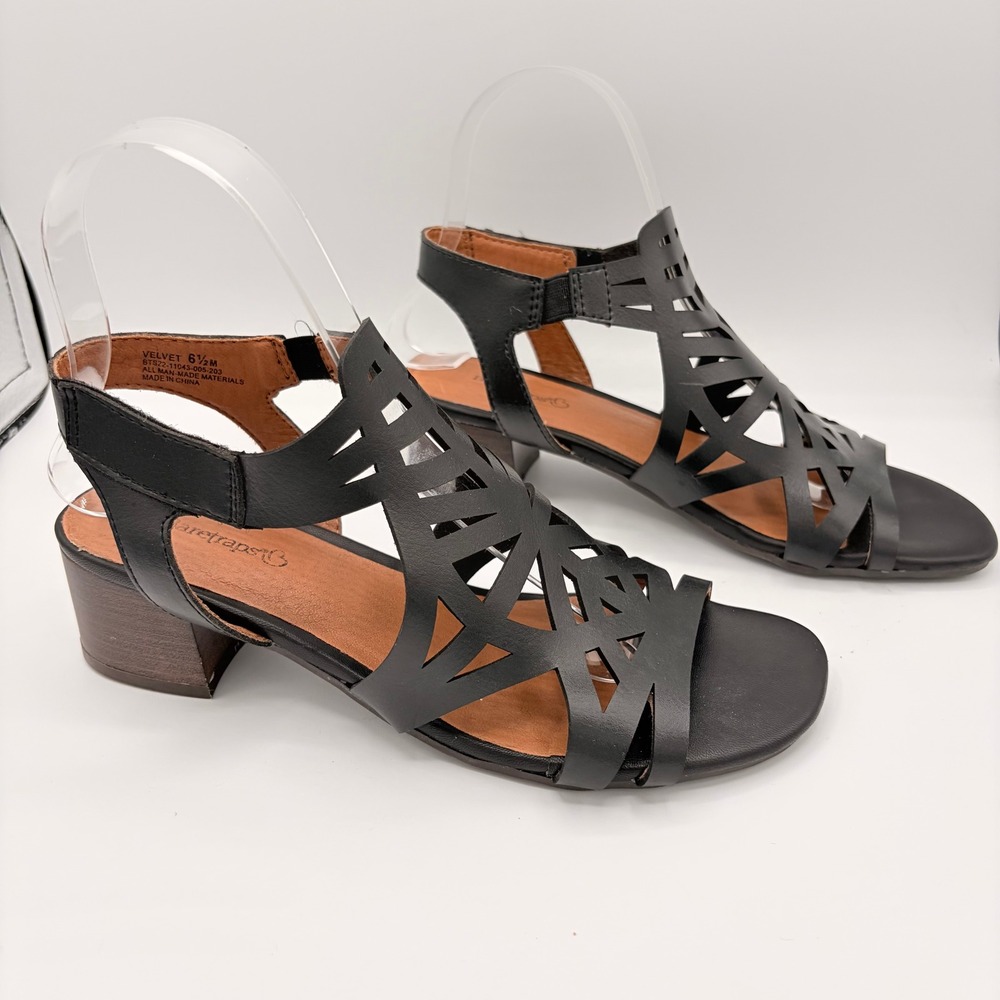 Baretraps Velvet Sandals Size 6.5 Boho Black Laser Cut Cage Block Heel Shoes